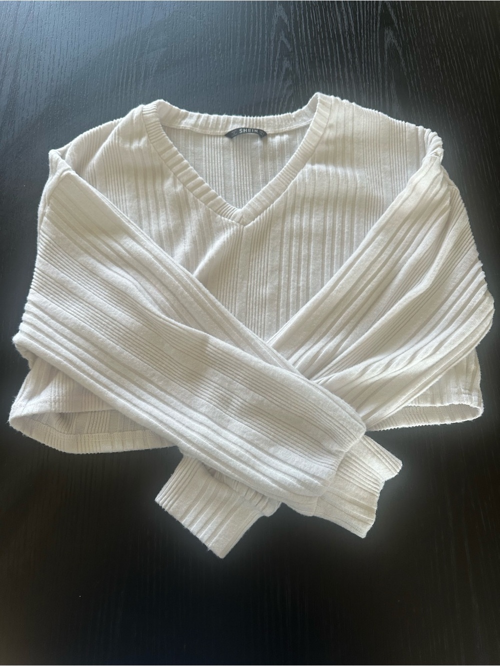 SHEIN Cream Ribbed V-Neck Sweater